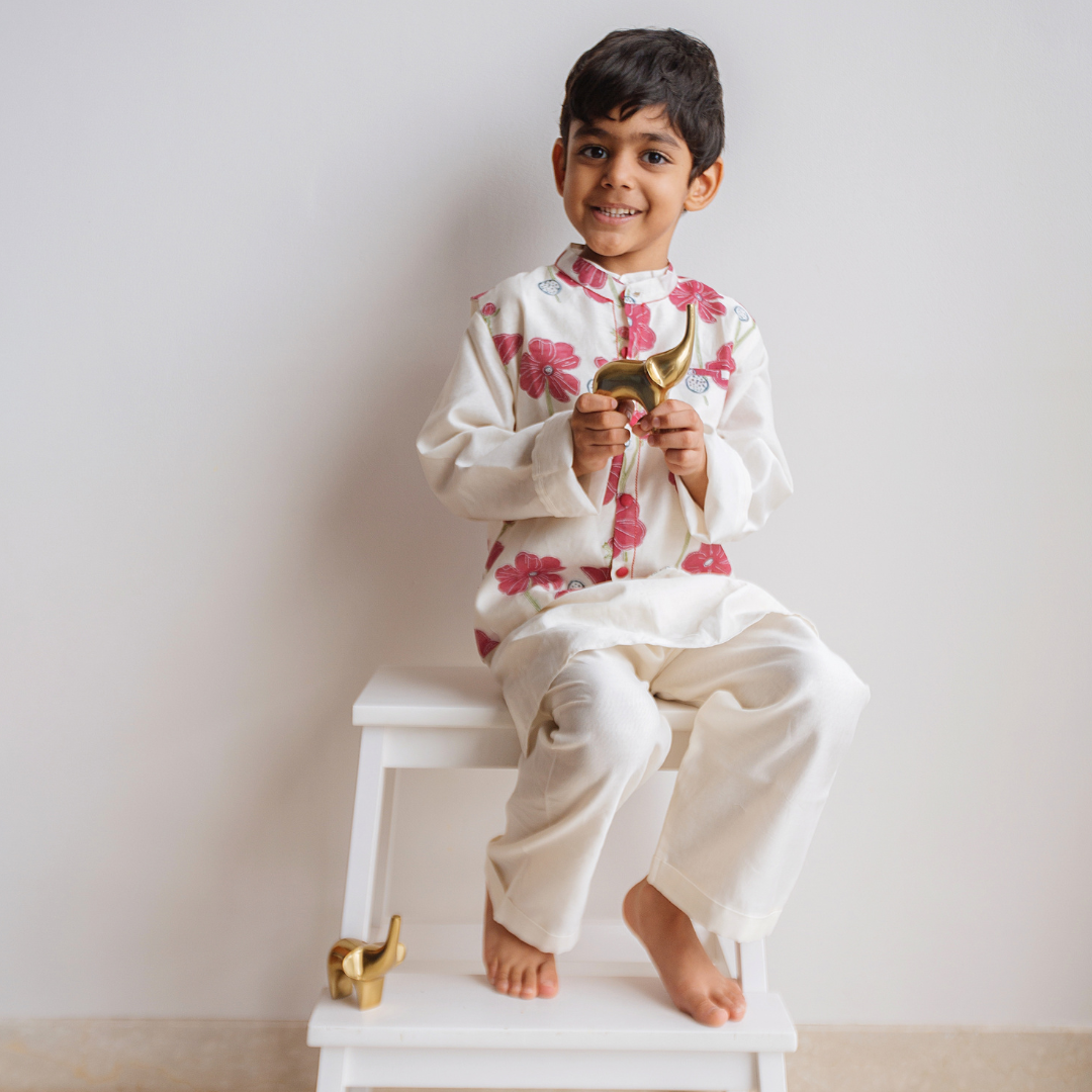 Chanderi Kurta Pyjama & Bandi Set | Hand-Block Printed