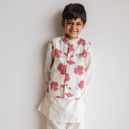 Chanderi Kurta Pyjama & Bandi Set | Hand-Block Printed