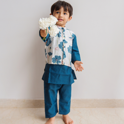 Chanderi Kurta Pyjama & Bandi Set | Hand-Block Printed