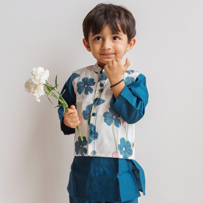 Chanderi Kurta Pyjama & Bandi Set | Hand-Block Printed