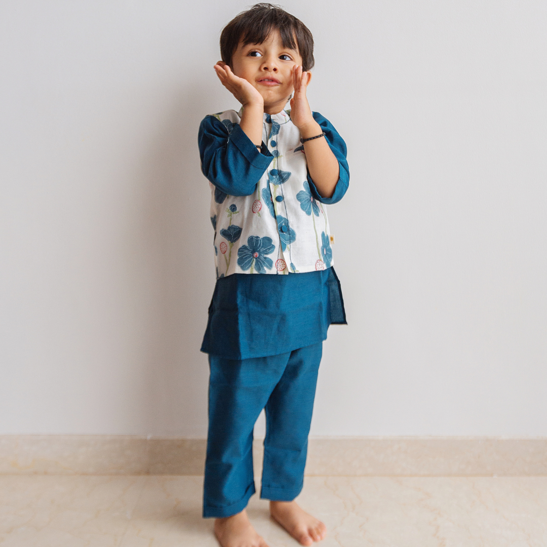 Chanderi Kurta Pyjama & Bandi Set | Hand-Block Printed