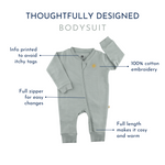 Made of soft, stretchy ribbed fabric, this works as a complete outfit. The long sleeves and pants make it comfortable in all weathers, and the 3/4th length zipper allows for easy wear Organic cotton organic muslin premium gift luxury gift sustainable clothes baby clothes baby gift newborn gift birthday gift onesie bodysuit