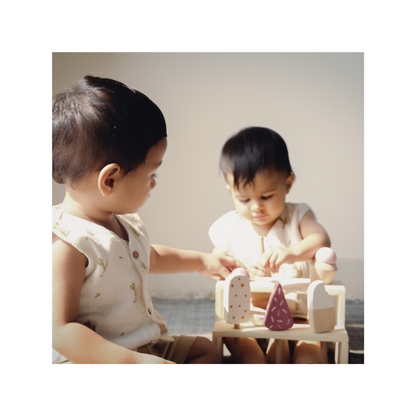 Ice-Cream Set comes with magnetic scoops for endless hours of playtime. The colours and shapes make this a fun, educational toy. The toy helps develop and boost key skills like fine motor skills, hand-eye coordination, and encourages creativity in the assembling process. EU certified (EN-71), natural, non-toxic and eco-friendly Organic cotton organic muslin premium gift luxury gift sustainable clothes baby clothes baby gift newborn gift birthday gift onesie bodysuit