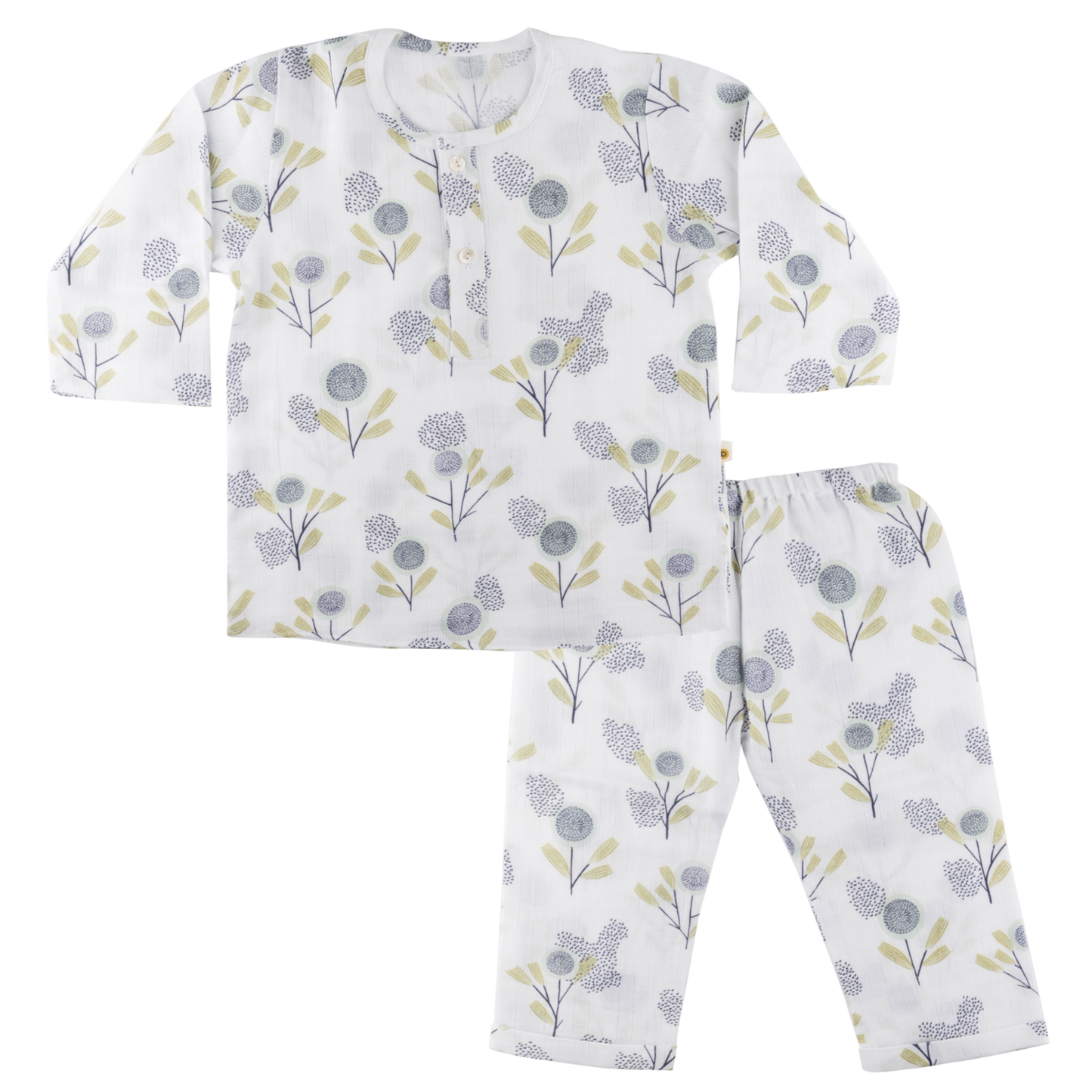 Our breezy and luxe muslin loungewear is a cute kurta-pyjama style set that can be worn on brunches or cosy playdates. Our three-quarter sleeve kurta with mother-of-pearl buttons is paired with a comfortable gender-neutral pair of pant-style pyjamas to give a classy, adorable look Organic cotton organic muslin premium gift luxury gift sustainable clothes baby clothes baby gift newborn gift birthday gift onesie bodysuit