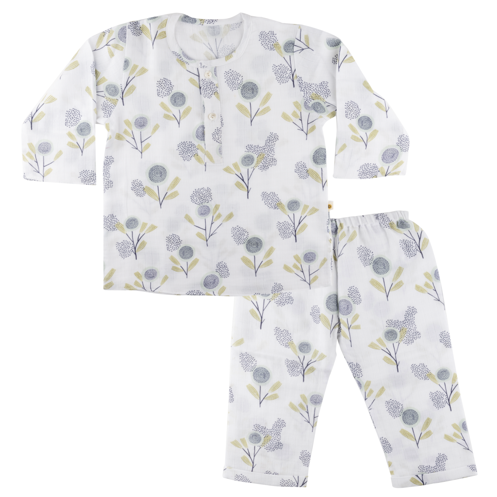 Our breezy and luxe muslin loungewear is a cute kurta-pyjama style set that can be worn on brunches or cosy playdates. Our three-quarter sleeve kurta with mother-of-pearl buttons is paired with a comfortable gender-neutral pair of pant-style pyjamas to give a classy, adorable look Organic cotton organic muslin premium gift luxury gift sustainable clothes baby clothes baby gift newborn gift birthday gift onesie bodysuit